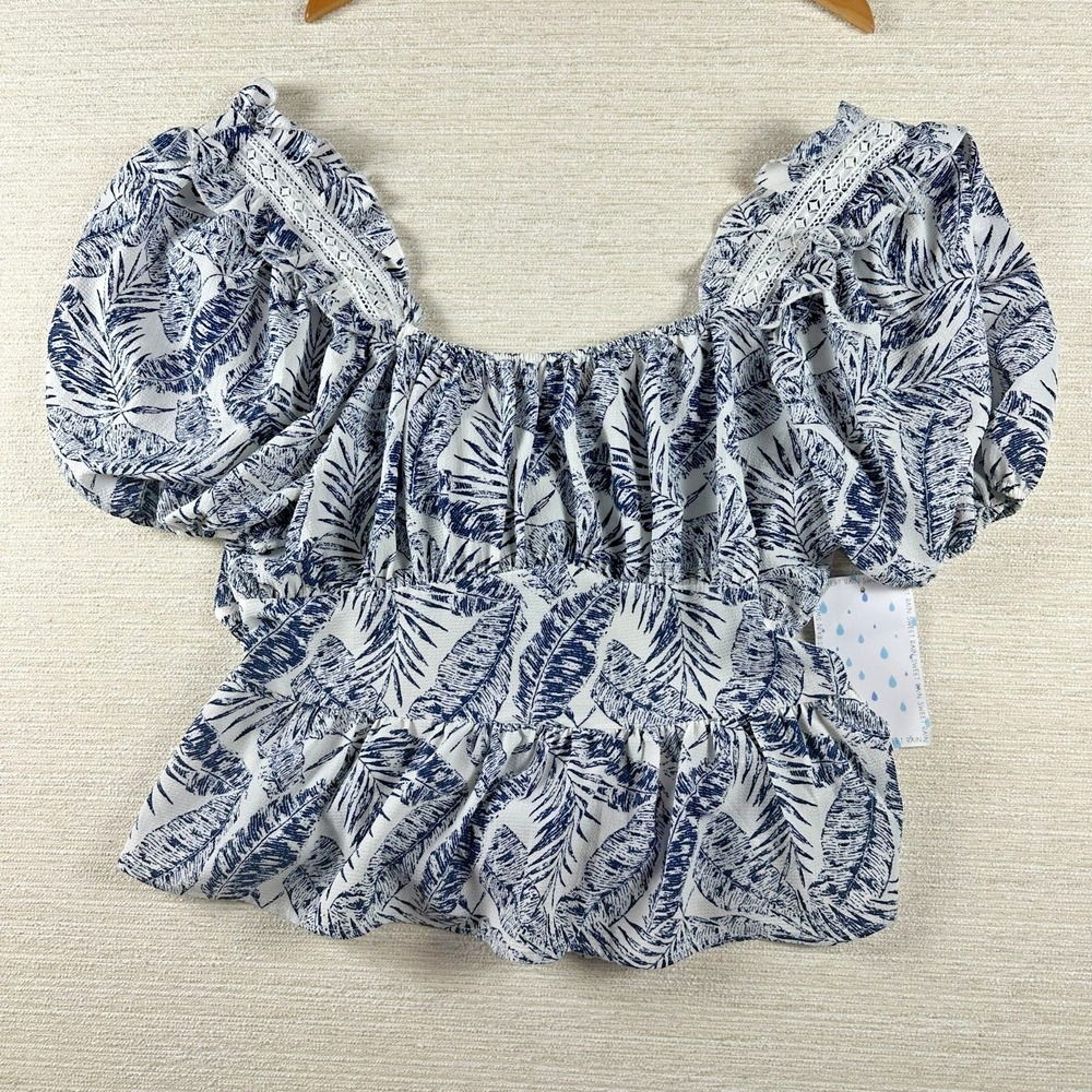 Sweet Rain Womens 2XL Blue & White tropical Print Peasant Top With Puff Sleeves